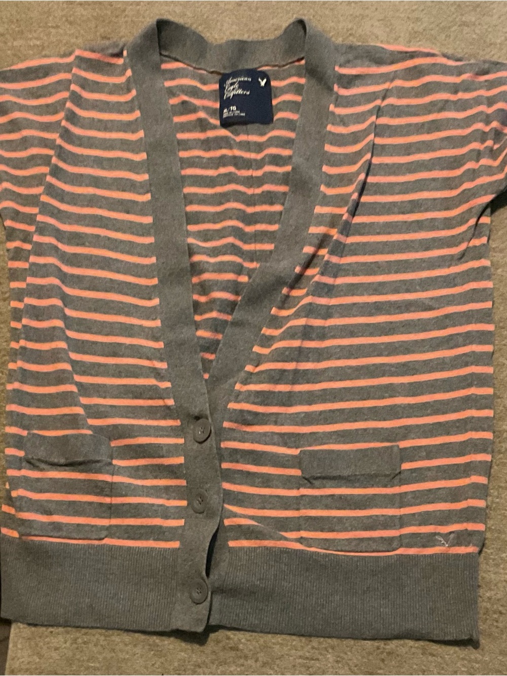 American Eagle Outfitters Gray and Coral Striped short sleeve V‑Neck Cardigan XL